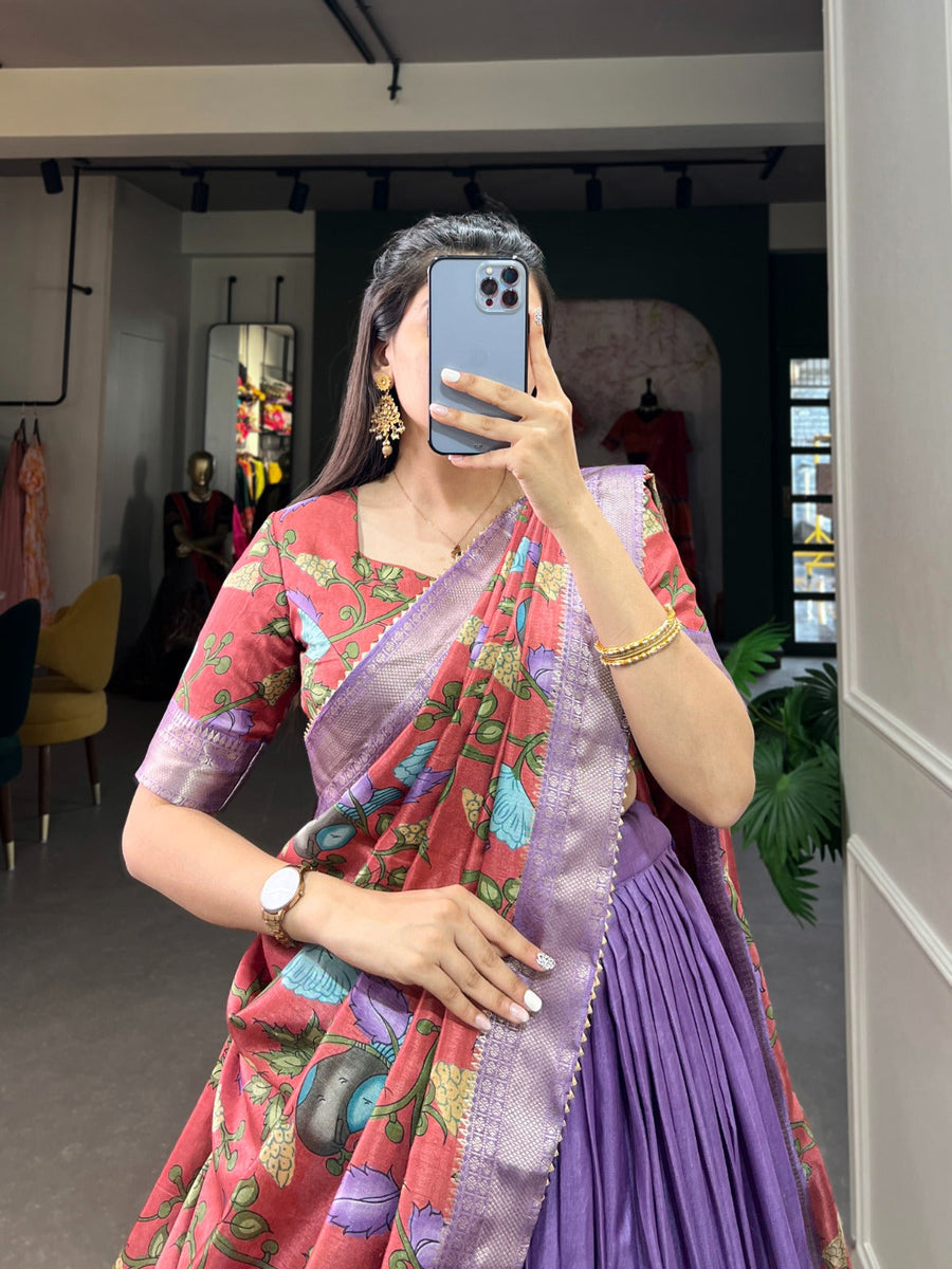 Kudbi's Style Akanksha Kalamkari Dola silk lengha Choli(semi-stitched).