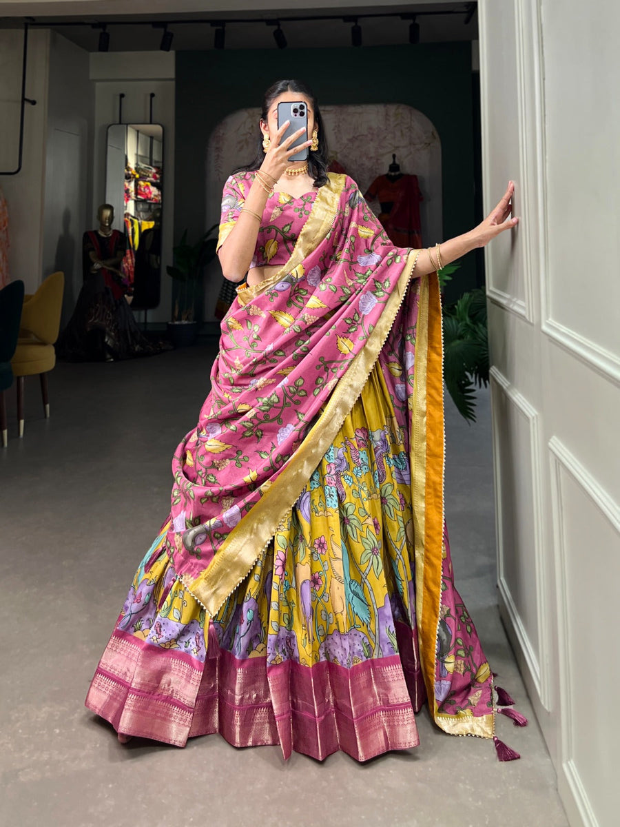 Kudbi's Style Akanksha Kalamkari Dola silk lengha Choli(semi-stitched).