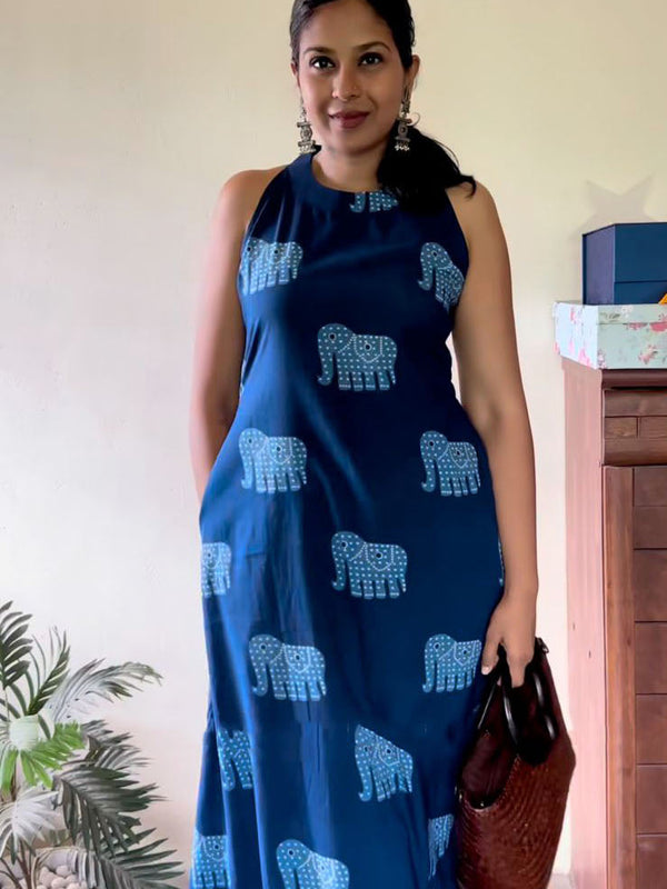 Indigo Motif Print A-Line Kurta Set for Women