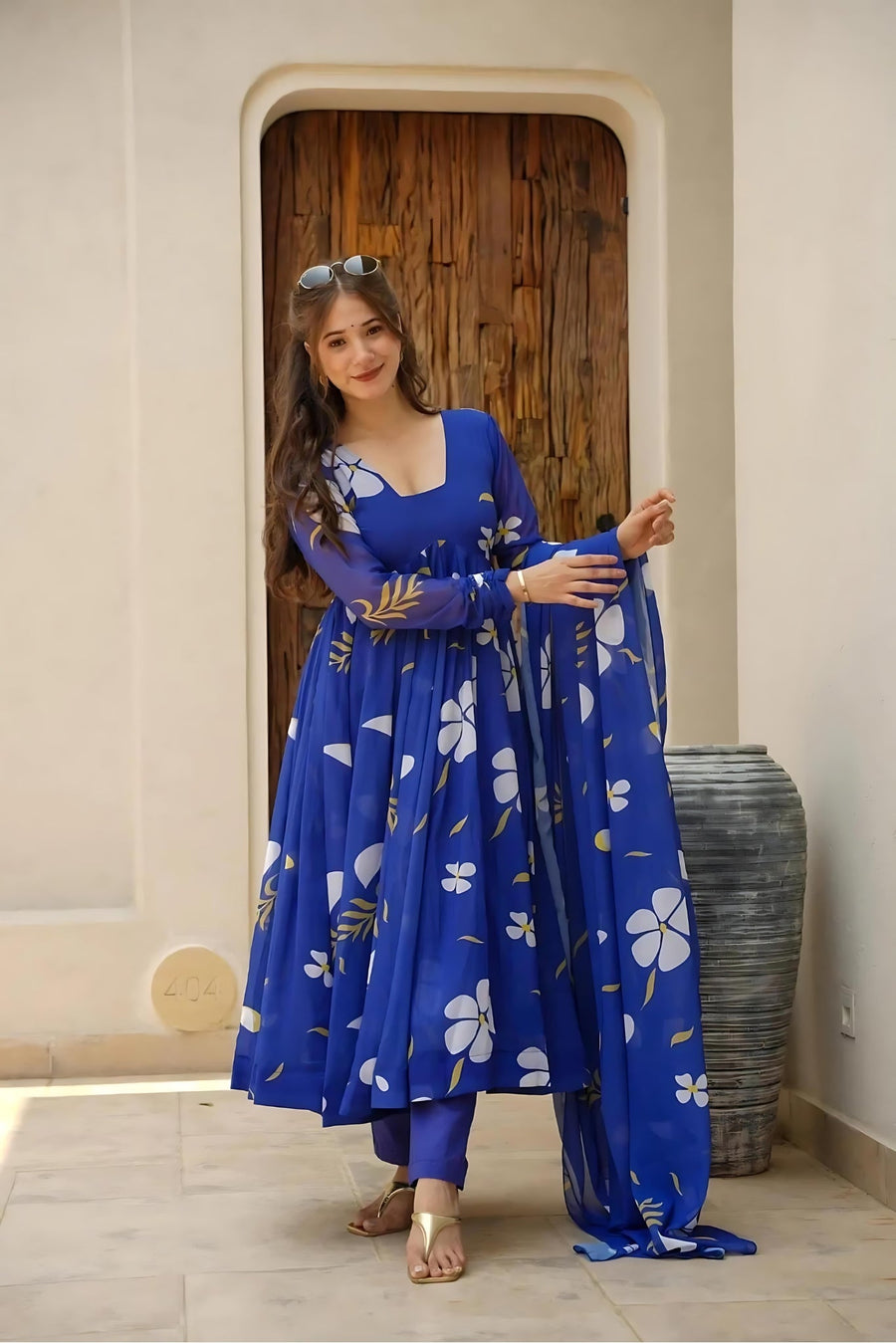 Kudbi's Flower Anarkali Suit With Dupatta Set.