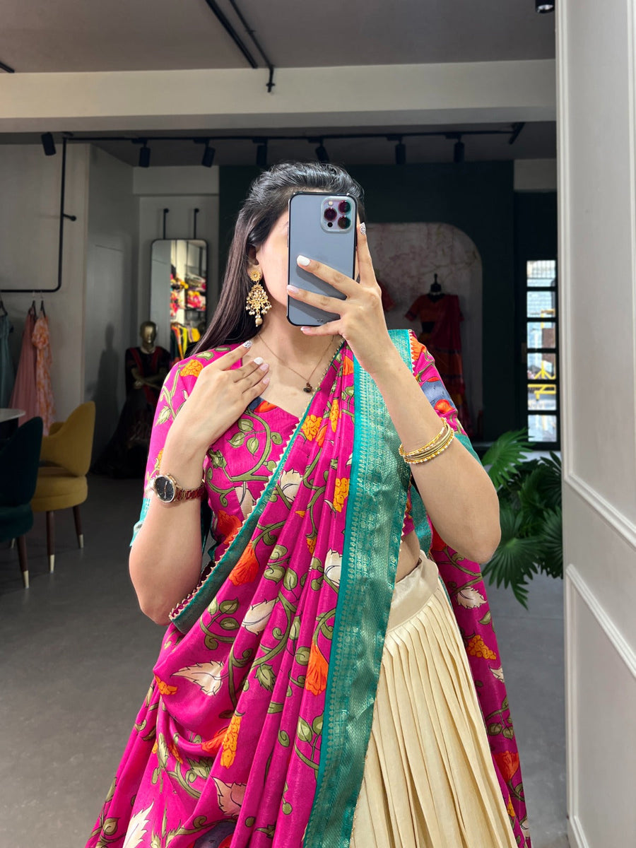 Kudbi's Style Akanksha Kalamkari Dola silk lengha Choli(semi-stitched).