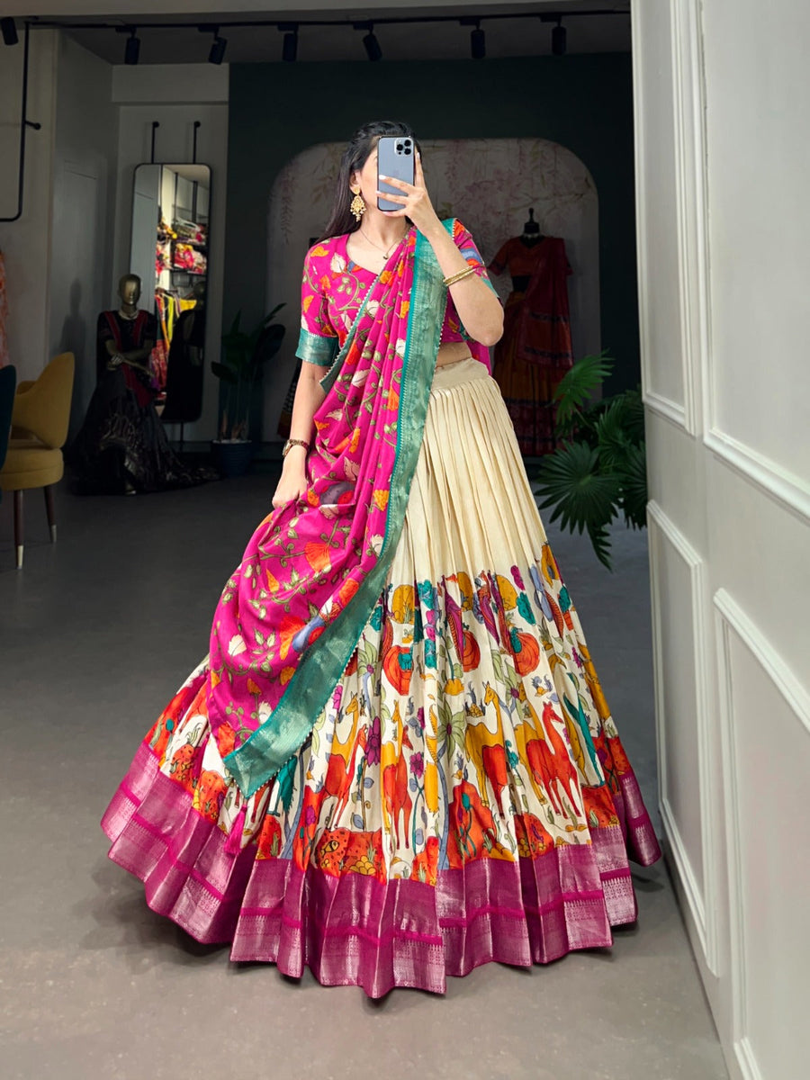 Kudbi's Style Akanksha Kalamkari Dola silk lengha Choli(semi-stitched).
