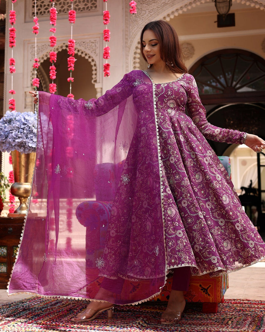 Kudbi's Lovis lavender printed anarkali gown with dupatta set