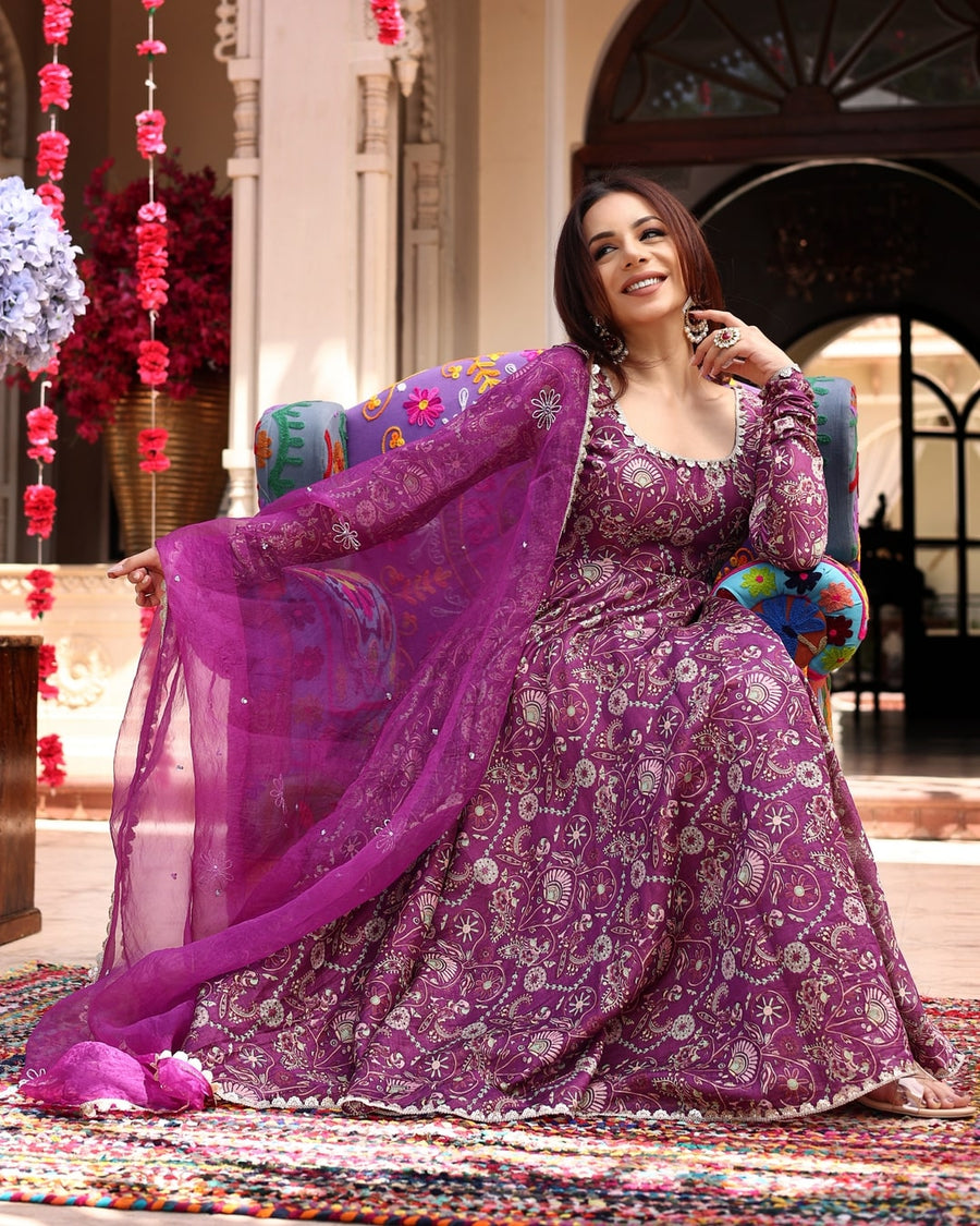 Kudbi's Lovis lavender printed anarkali gown with dupatta set
