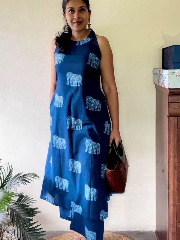 Indigo Motif Print A-Line Kurta Set for Women