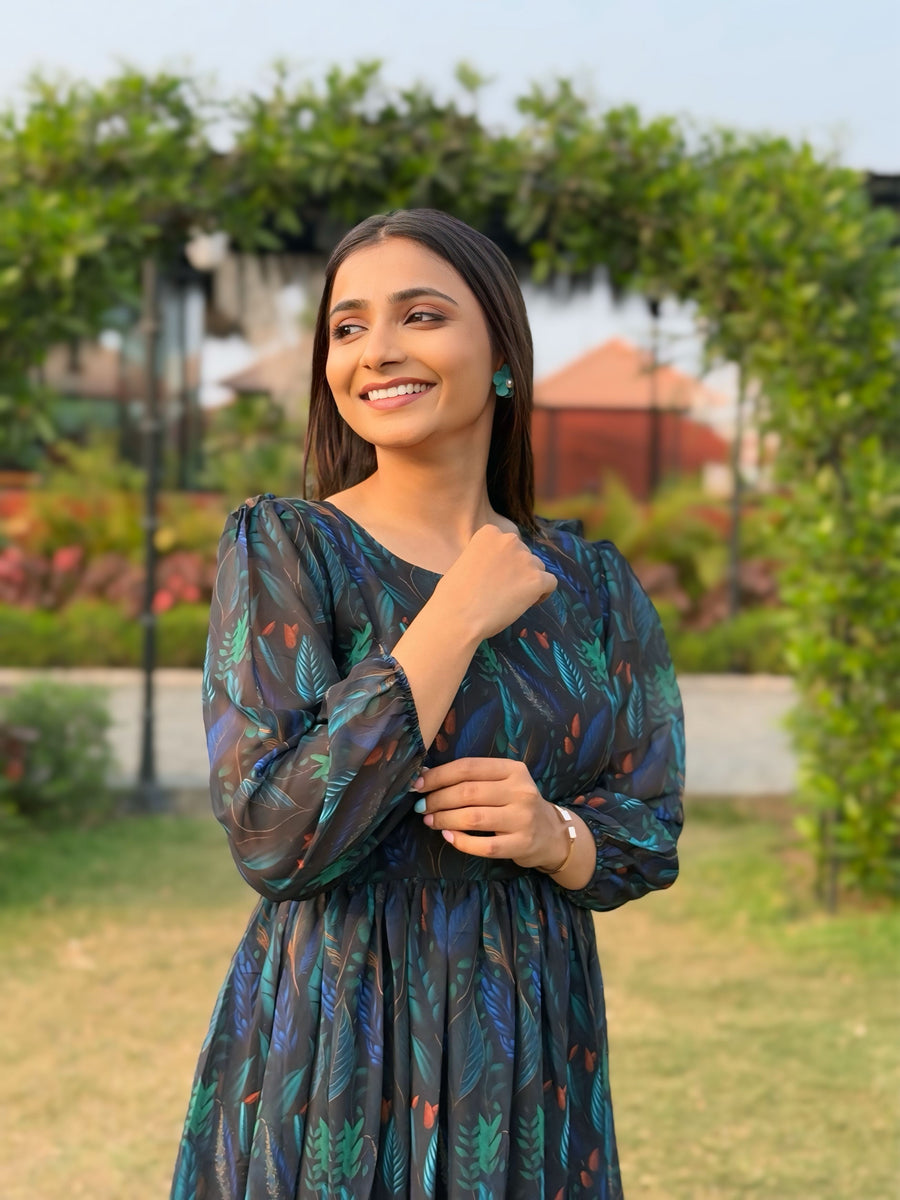 Kudbi Belisha Black Floral Stylish Print Gown For Women.