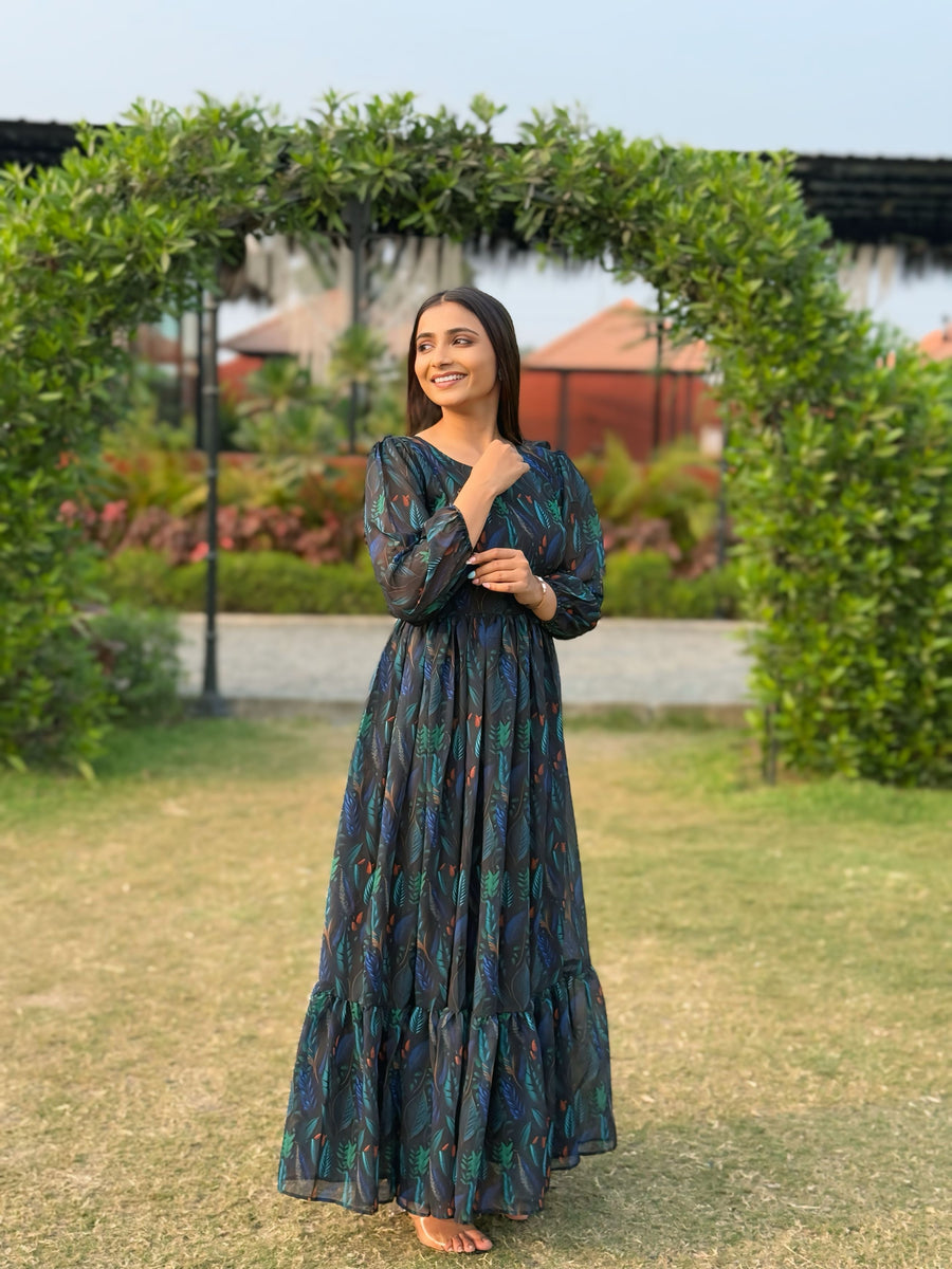 Kudbi Belisha Black Floral Stylish Print Gown For Women.