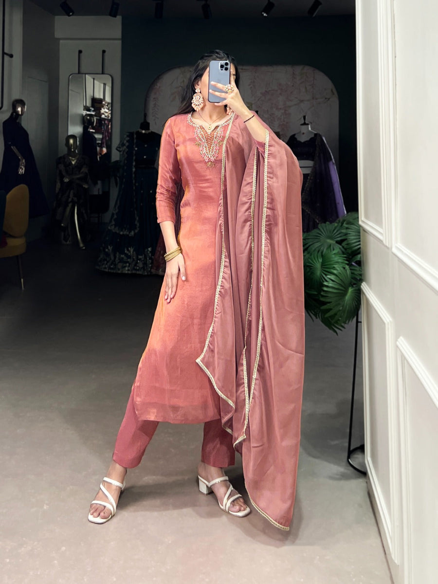 Kudbi Viscose Tissue Silk Handwork Kurta Set with Organza Dupatta