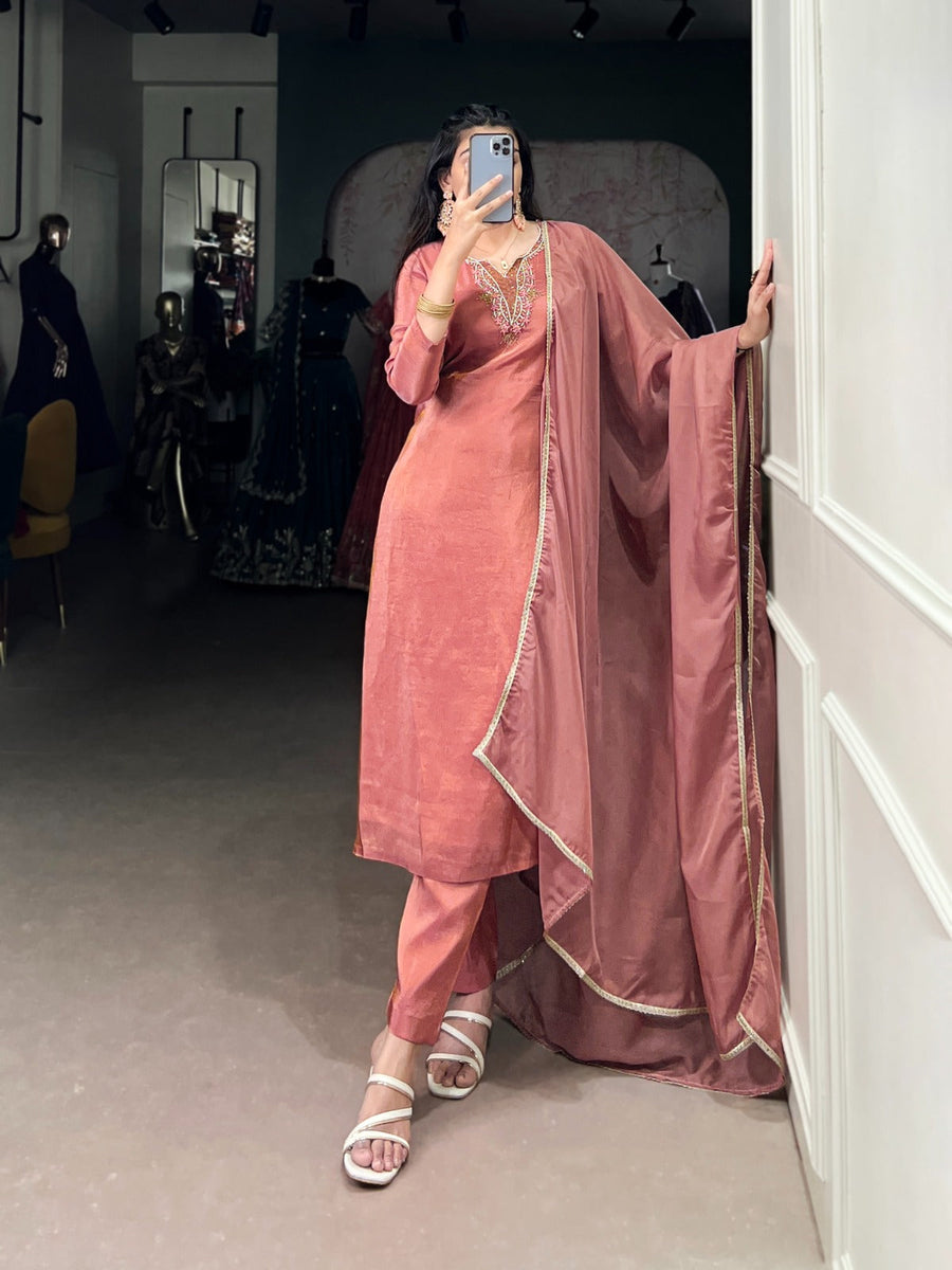 Kudbi Viscose Tissue Silk Handwork Kurta Set with Organza Dupatta