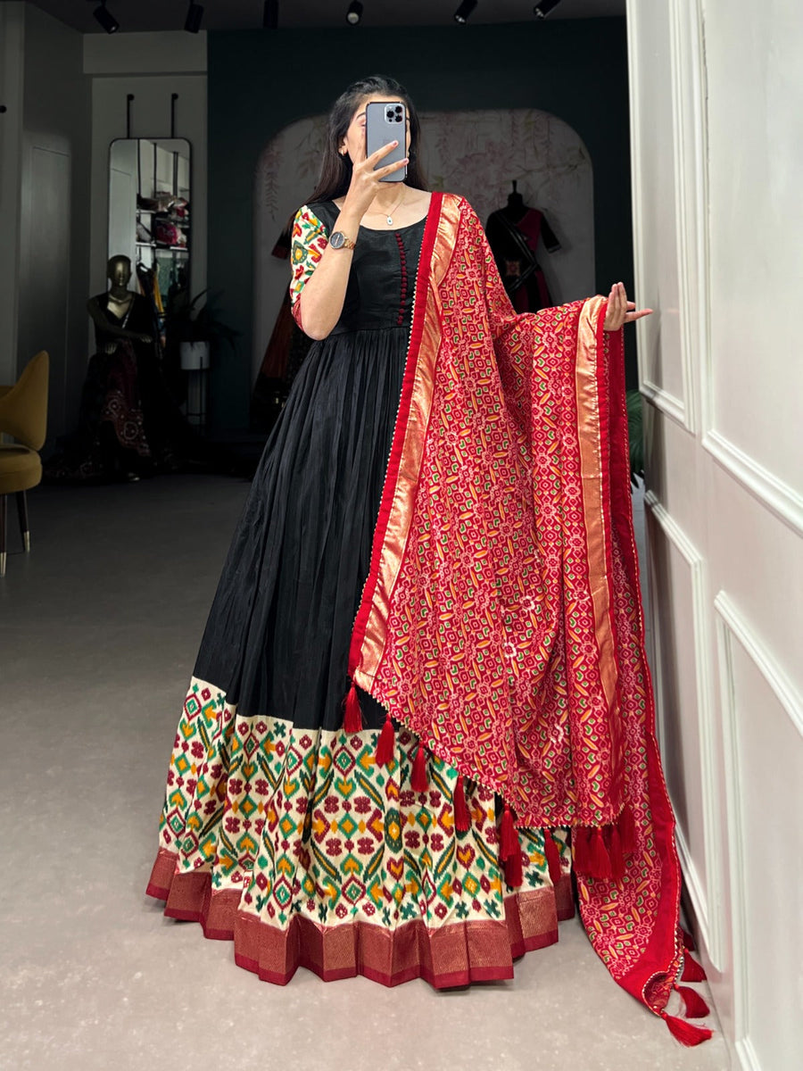 Kudbi's Style Black Patola Gown with dupatta.