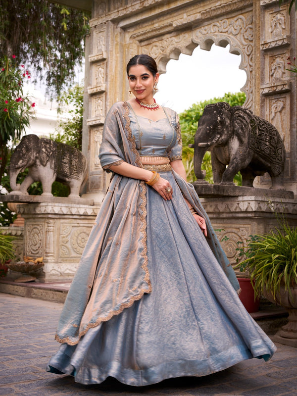 Kudbi Dreamy Pastel Fendi Lehenga Choli Set with Gold Lace and Dupatta