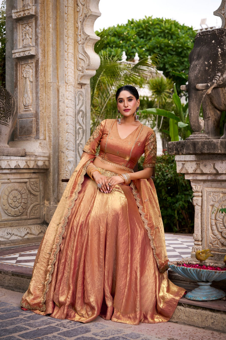Kudbi Dreamy Pastel Fendi Lehenga Choli Set with Gold Lace and Dupatta