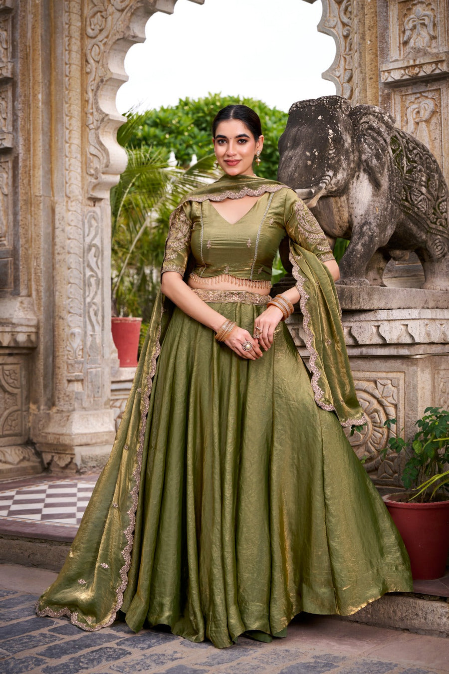 Kudbi Dreamy Pastel Fendi Lehenga Choli Set with Gold Lace and Dupatta