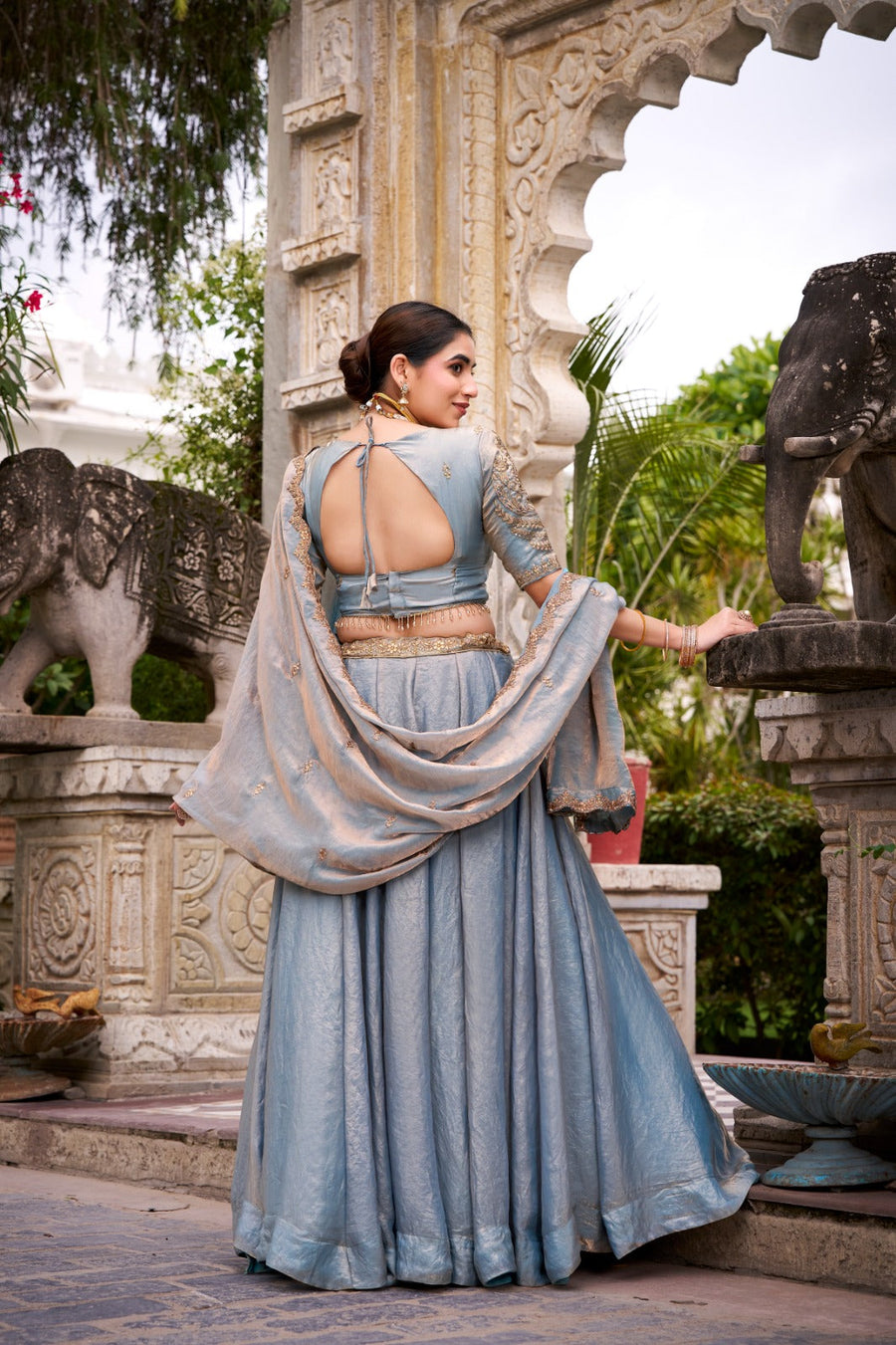 Kudbi Dreamy Pastel Fendi Lehenga Choli Set with Gold Lace and Dupatta