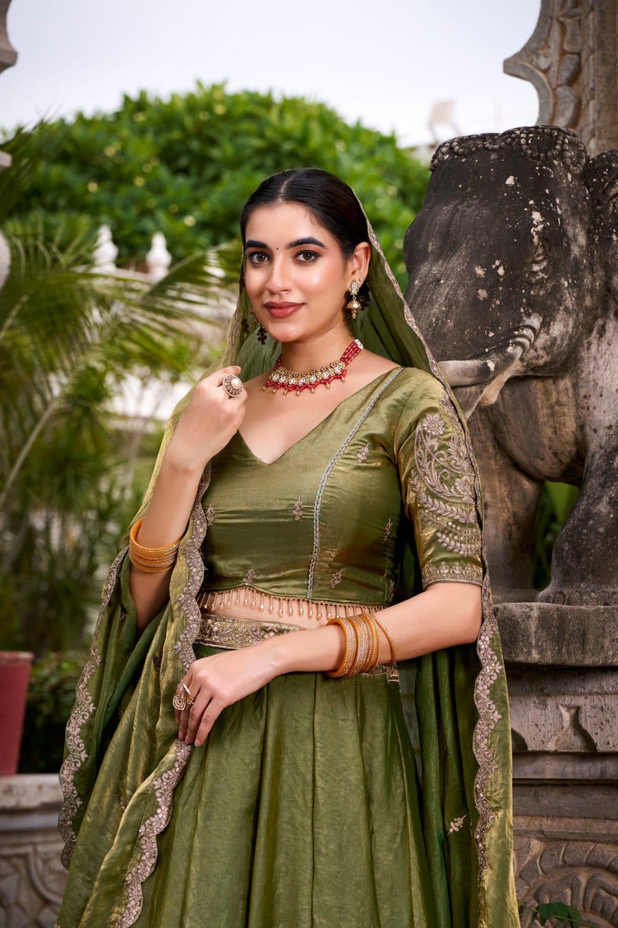 Kudbi Dreamy Pastel Fendi Lehenga Choli Set with Gold Lace and Dupatta