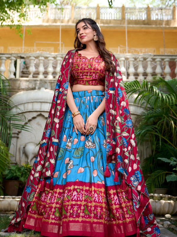 Kudbi's Style Akanksha-2 Kalamkari Tussar silk lengha Choli(semi-stitched).