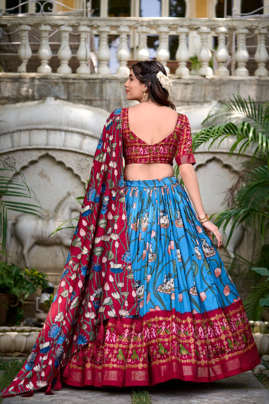 Kudbi's Style Akanksha-2 Kalamkari Tussar silk lengha Choli(semi-stitched).