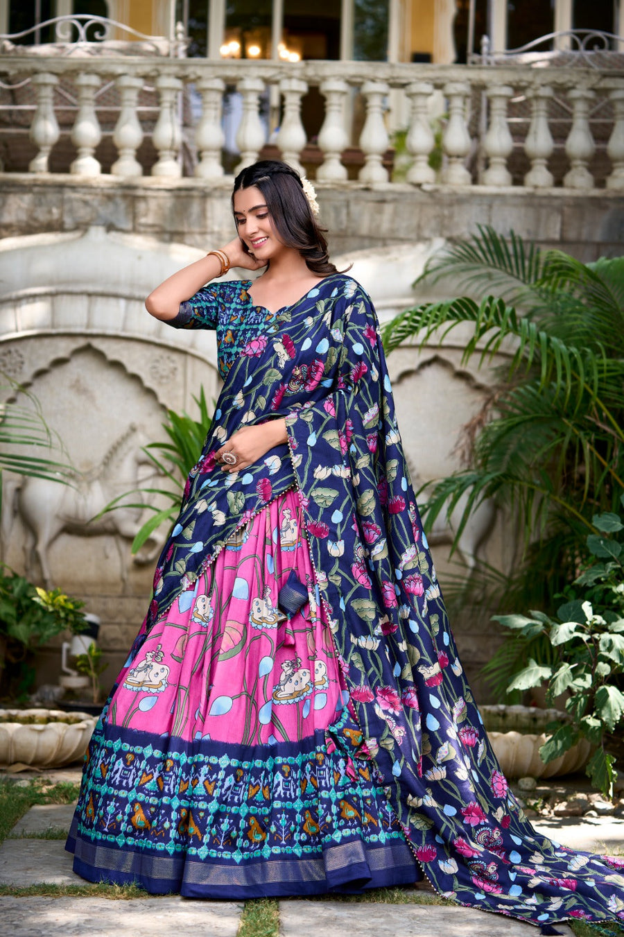 Kudbi's Style Akanksha-2 Kalamkari Tussar silk lengha Choli(semi-stitched).