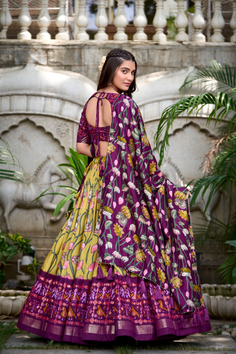 Kudbi's Style Akanksha-2 Kalamkari Tussar silk lengha Choli(semi-stitched).